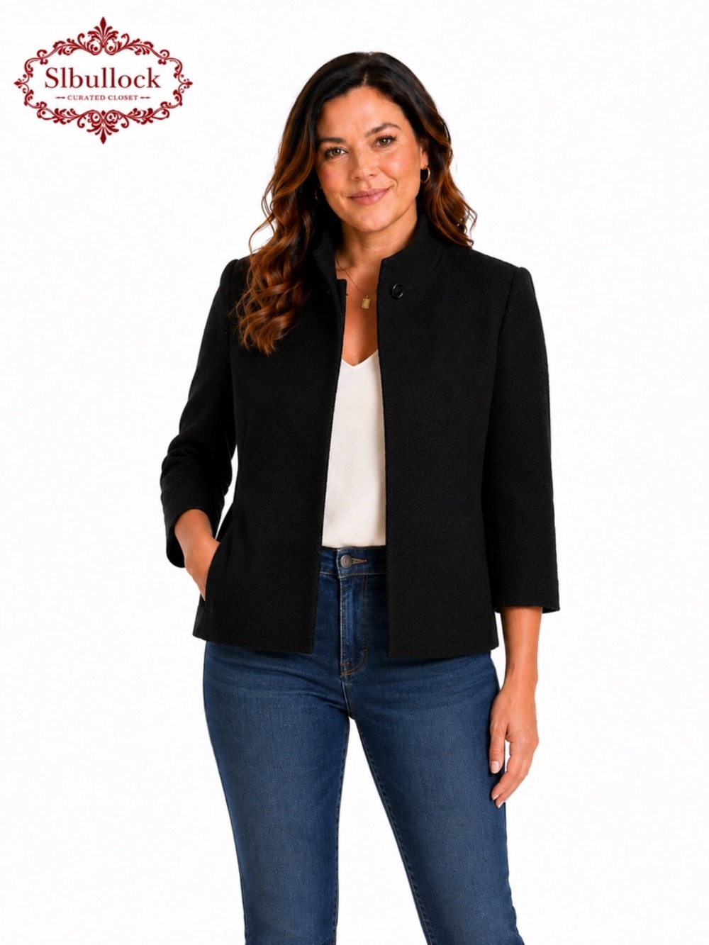 B4 Isaac Mizrahi Wool Blend Cropped Coat Hidden Button Front Tailored Jacket